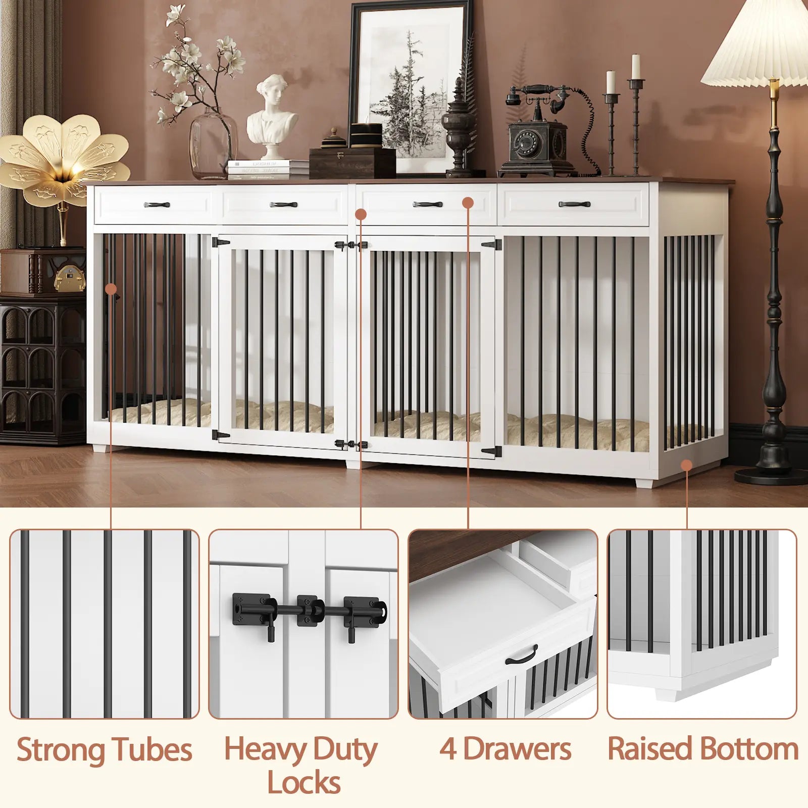 FUFU&amp;GAGA Large Dog Crate Furniture, 86.6" Wooden Dog Crate Kennel with Drawers and Divider, Heavy Duty Dog Crates Cage Furniture