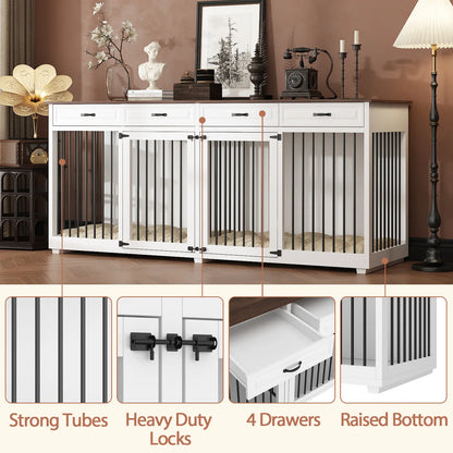 FUFU&amp;GAGA Large Dog Crate Furniture, 86.6" Wooden Dog Crate Kennel with Drawers and Divider, Heavy Duty Dog Crates Cage Furniture