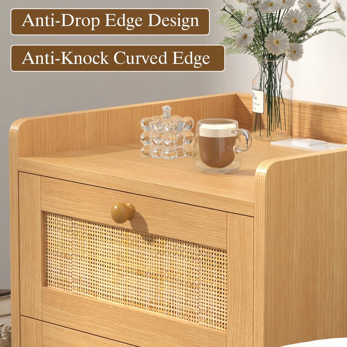 Rattan Nightstand with Charging Station, Rattan Boho End Table with 2 Drawers Bedroom Bedside Side Tables Natural Night Stand for Living Room,Bedroom,Dorm Room Essentials Fathers Day Gift Ideas,Dorm Essentials,Home Decor