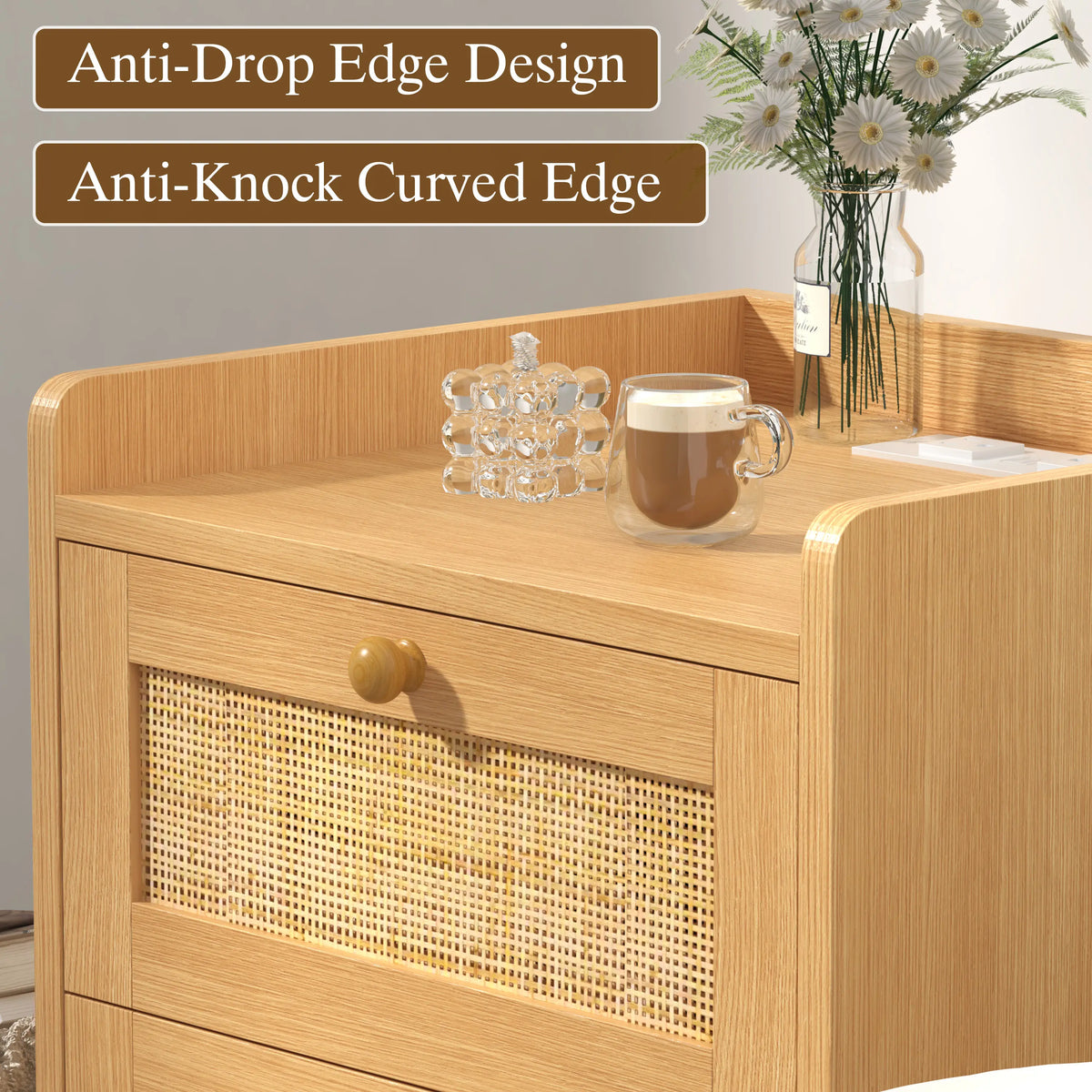 Rattan Nightstand with Charging Station, Rattan Boho End Table with 2 Drawers Bedroom Bedside Side Tables Natural Night Stand for Living Room,Bedroom,Dorm Room Essentials Fathers Day Gift Ideas,Dorm Essentials,Home Decor