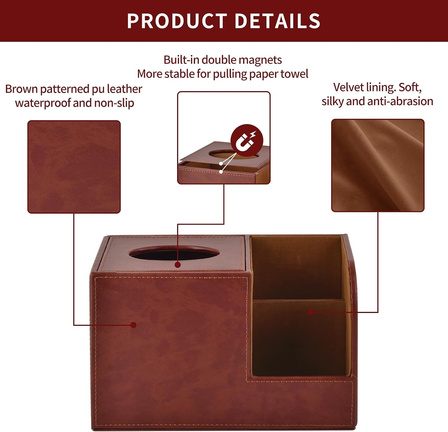 PU Leather Square Tissue Box Cover,Multifunctional Tissue Box Holder,Tissue Box with Storage,Tissue and Remote Control Holder,Tissue Box Decorative Desk Organizer for Home&Office,Brown