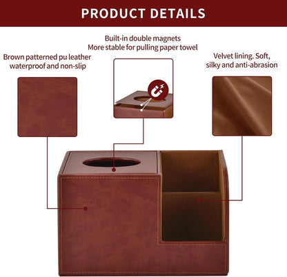 PU Leather Square Tissue Box Cover,Multifunctional Tissue Box Holder,Tissue Box with Storage,Tissue and Remote Control Holder,Tissue Box Decorative Desk Organizer for Home&Office,Brown