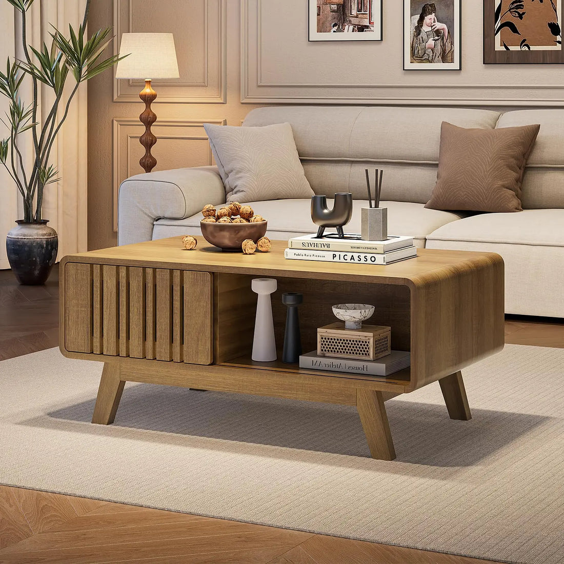 【Summerfinds】Onbrill Coffee Table, Mid Century Modern Table with Storage Compartment, Fluted Table with Sliding Cabinet Door, Farmhouse Wood Coffee Table for Living Room,Dorm Essentials,Home Decor