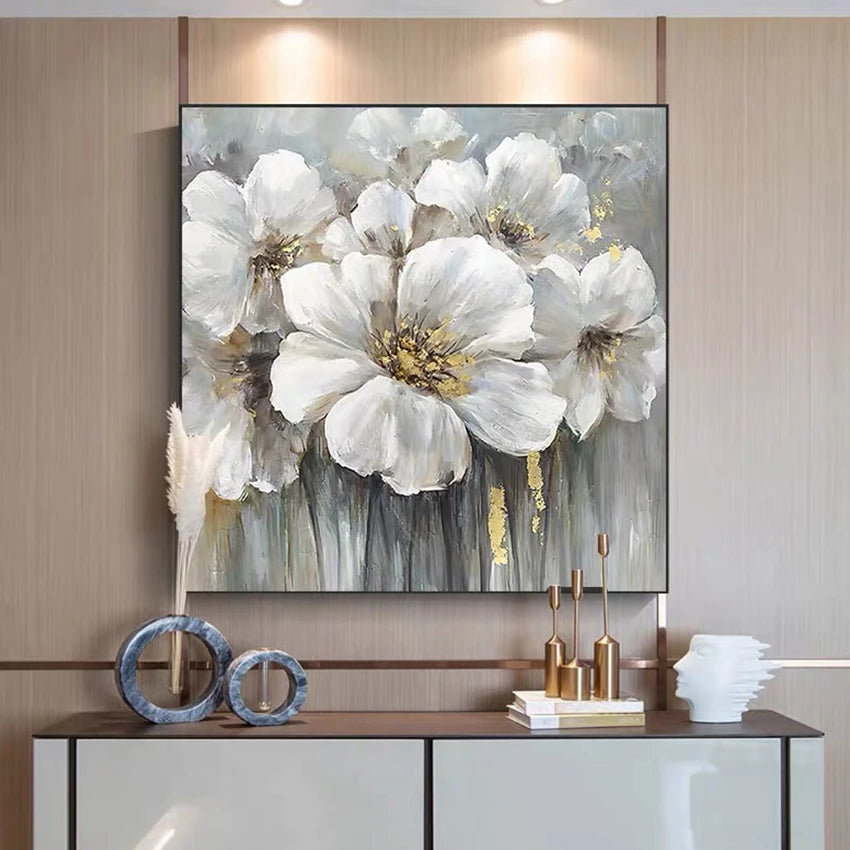 Fancy Home Decor Hot Sale Home Decor Flower Pictures Pieces White Flower Wall Art Oil Paintings Unframed