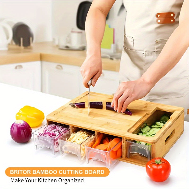 Bamboo Cutting Board – 4 Blades – Storage Trays – Kitchen Prep