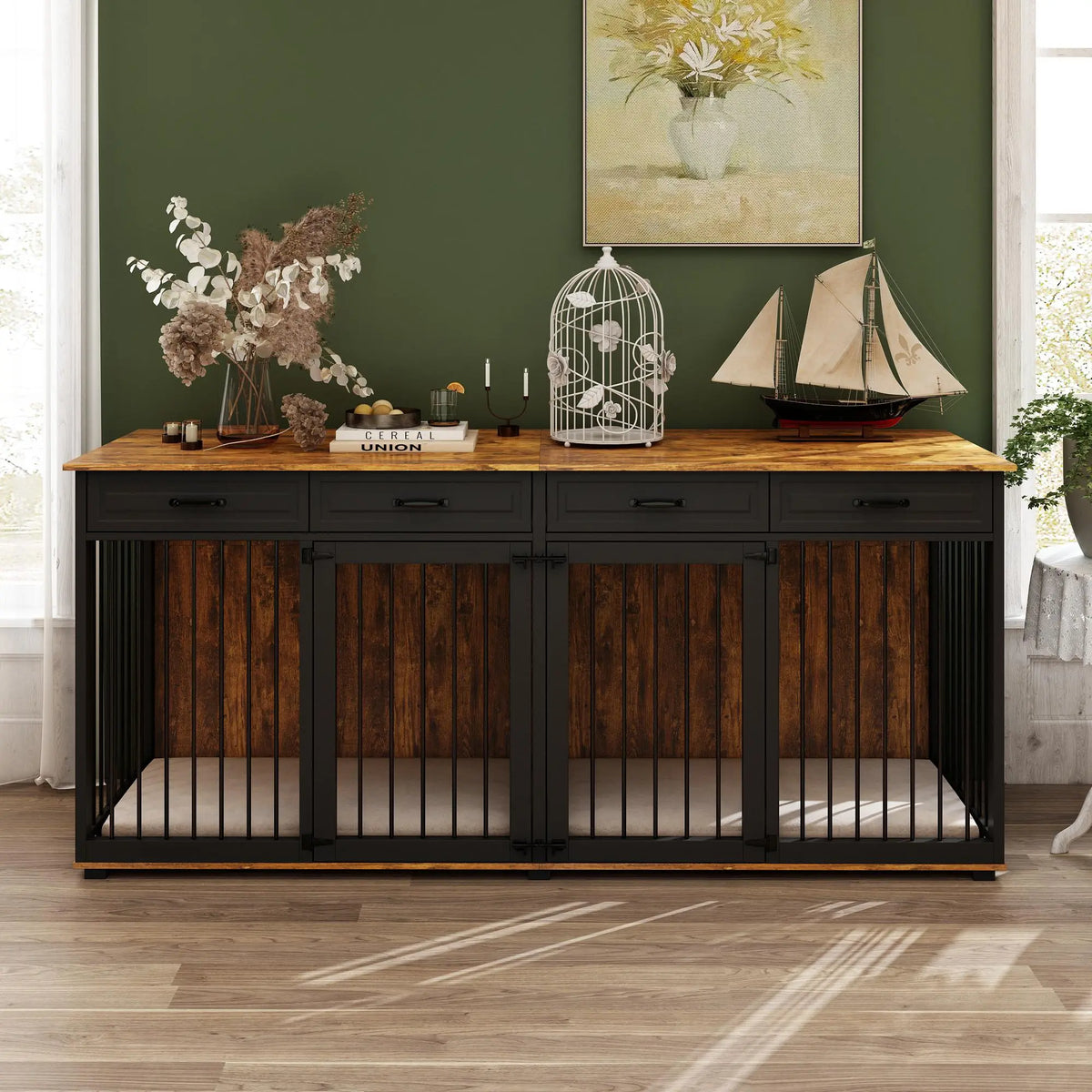 FUFU&amp;GAGA Large Dog Crate Furniture, 86.6" Wooden Dog Crate Kennel with Drawers and Divider, Heavy Duty Dog Crates Cage Furniture