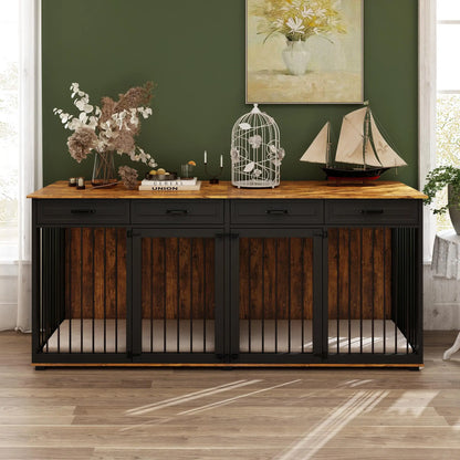 FUFU&amp;GAGA Large Dog Crate Furniture, 86.6" Wooden Dog Crate Kennel with Drawers and Divider, Heavy Duty Dog Crates Cage Furniture