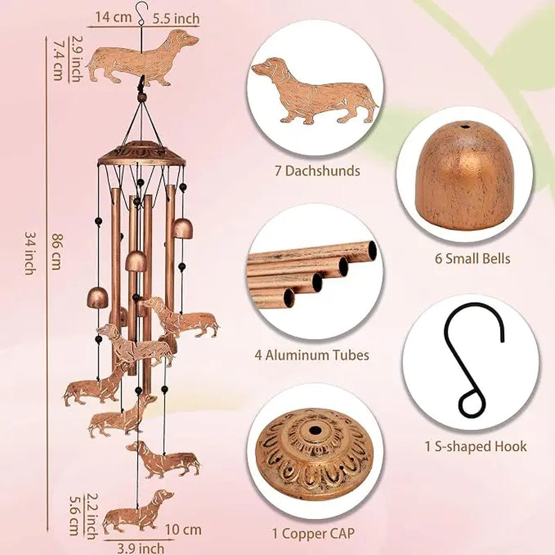 Dachshund Dog Wind Chime - Metal Hanging Wind Bell for Outdoor Garden Decor, Patio Yard Ornament, Memorial & Pet Lover Gift，Cute Sausage Dog, Memorial Wind Chime