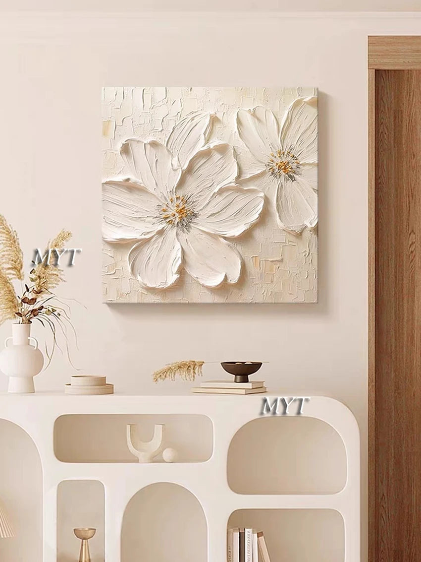 Fancy Home Decor Hot Sale Home Decor Flower Pictures Pieces White Flower Wall Art Oil Paintings Unframed