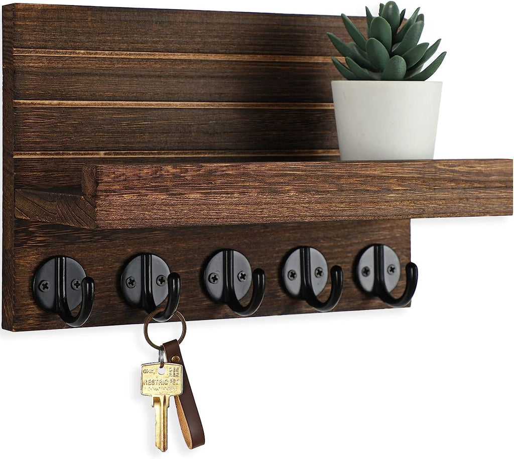 Key Holder for Wall, Decorative Key and Mail Holder with Shelf Has Large Key Hooks for Bags, Coats – Paulownia Wood Key Hanger with Mounting Hardware (9.8”W X 6.7”H X 4.2”D) (Brown)