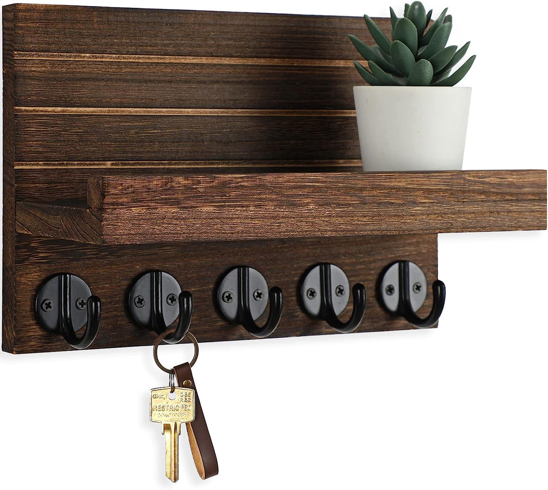 Key Holder for Wall, Decorative Key and Mail Holder with Shelf Has Large Key Hooks for Bags, Coats – Paulownia Wood Key Hanger with Mounting Hardware (9.8”W X 6.7”H X 4.2”D) (Brown)