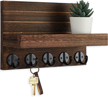 Key Holder for Wall, Decorative Key and Mail Holder with Shelf Has Large Key Hooks for Bags, Coats – Paulownia Wood Key Hanger with Mounting Hardware (9.8”W X 6.7”H X 4.2”D) (Brown)