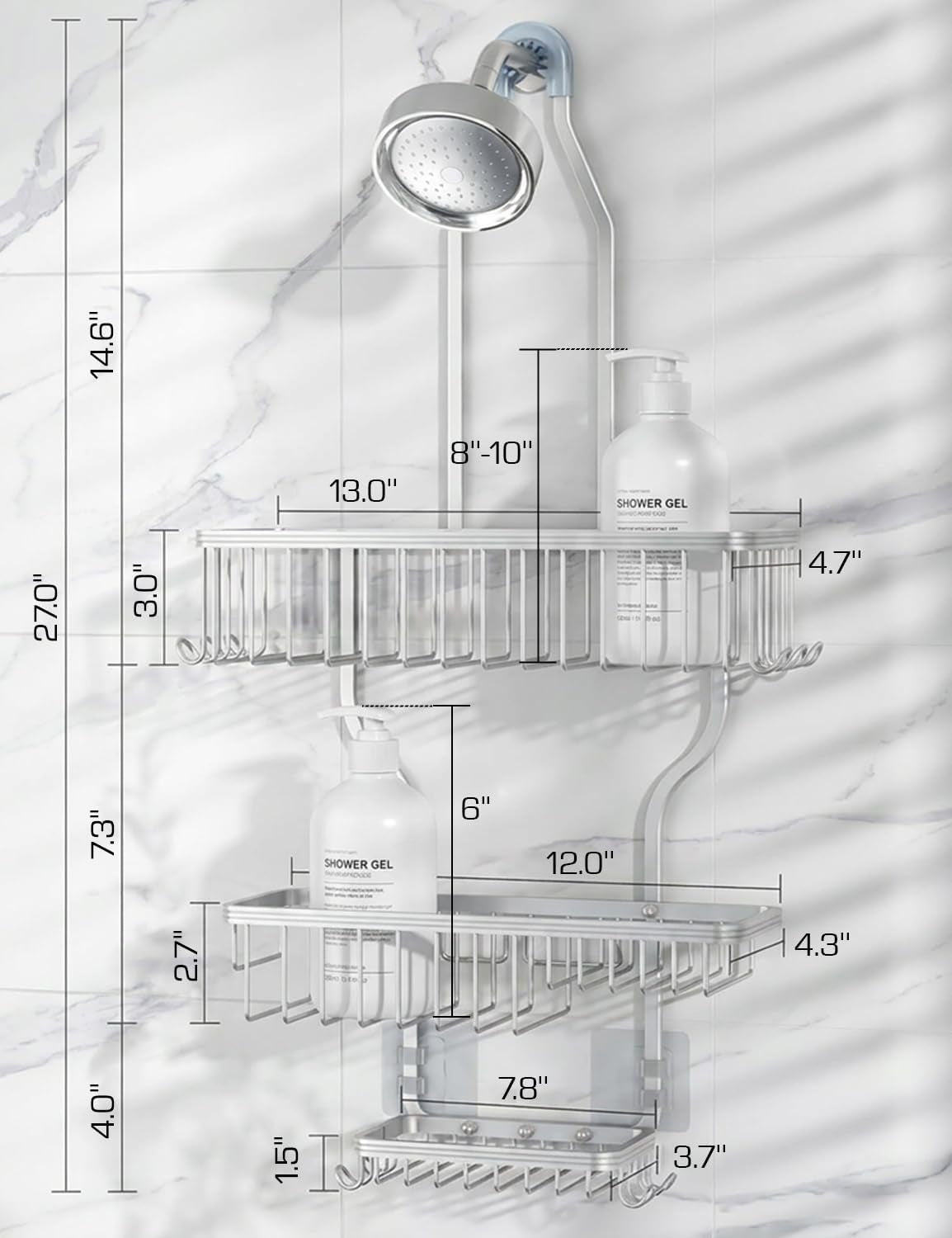 Shower Caddy Hanging - Never Rust Shower Organizer - Aluminum over the Head Caddy with 10 Hooks for Razor/Sponge - Rack with Soap Basket - Silver