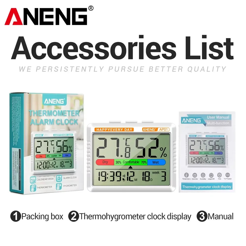 Thermometer Hygrometer Clock Cute Indoor Temperature Humidity Air Alarm Clock Calendar Week Display  AP01 for Home Office