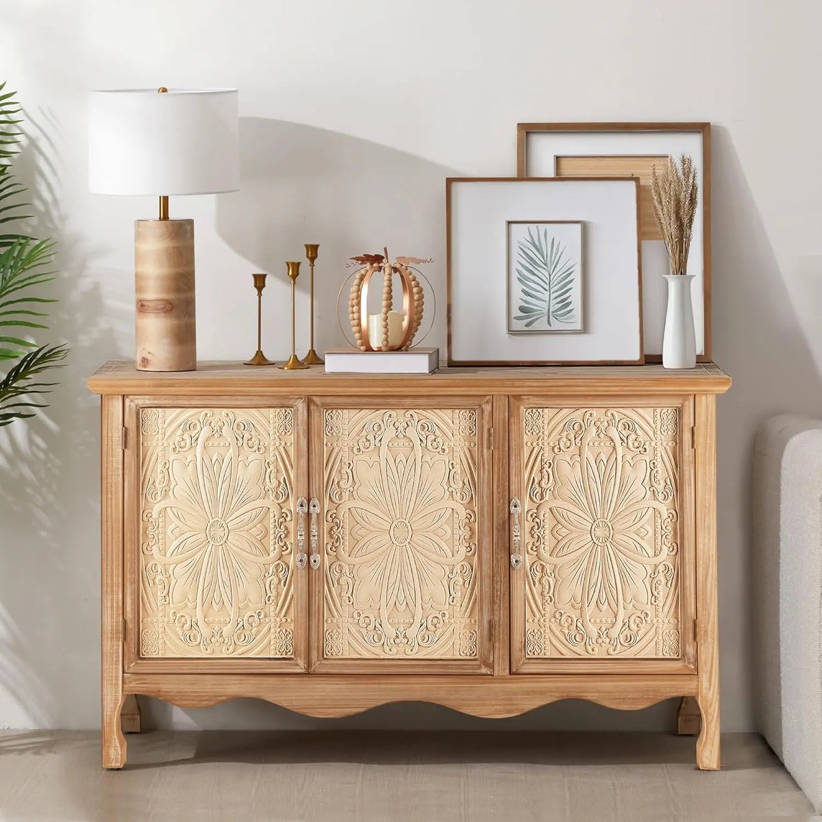 【Summervibes】Royalcraft L Farmhouse Sideboard Buffet Cabinet with Storage, 49" Solid Wood Credenza Buffet Table Coffee Bar Wine Bar Storage Cabinet with 3 Doors for Dining Room Living Room Hallway, (Provence Grain)