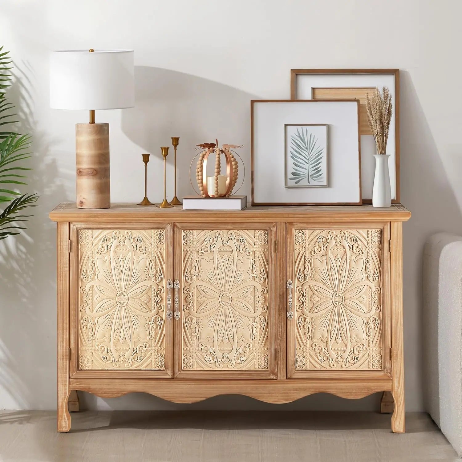 【Summervibes】Royalcraft L Farmhouse Sideboard Buffet Cabinet with Storage, 49" Solid Wood Credenza Buffet Table Coffee Bar Wine Bar Storage Cabinet with 3 Doors for Dining Room Living Room Hallway, (Provence Grain)