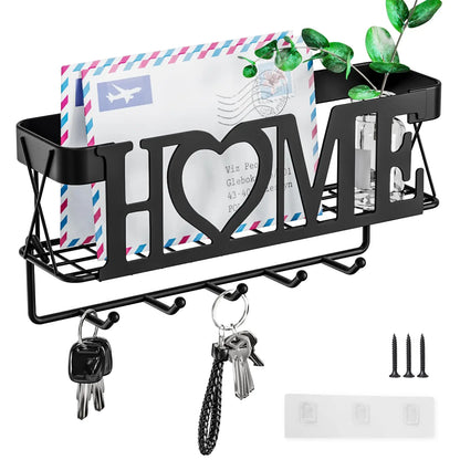 Key Holder for Wall - Key Rack with 5 Key Hooks, 11.02" L×2.75" W×4.92" H, Key and Mail Organizer Wall Mount with Mesh Basket, Key Hanger for Wall Decor Decoration