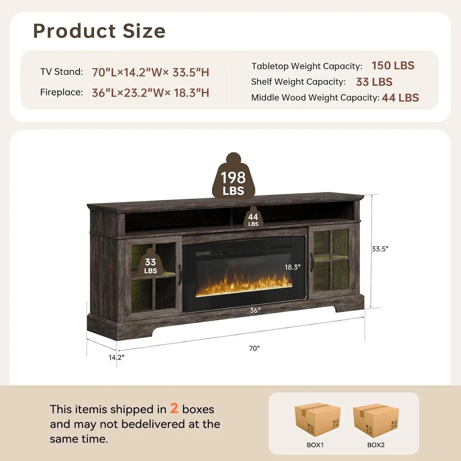 Fireplace TV Stand, Modern Entertainment Center for Tvs up to 70", TV Console with Storage Cabinets &amp; Electric Fireplace, Brown Media Console for Living Room