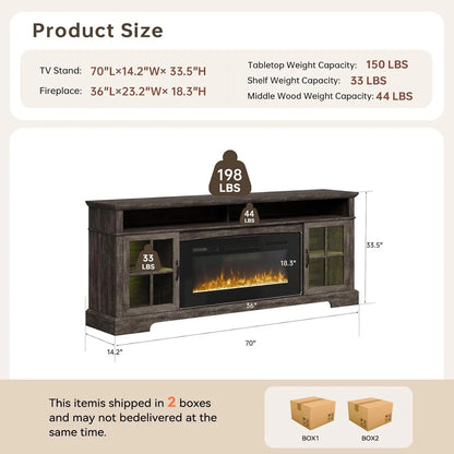 Fireplace TV Stand, Modern Entertainment Center for Tvs up to 70", TV Console with Storage Cabinets &amp; Electric Fireplace, Brown Media Console for Living Room