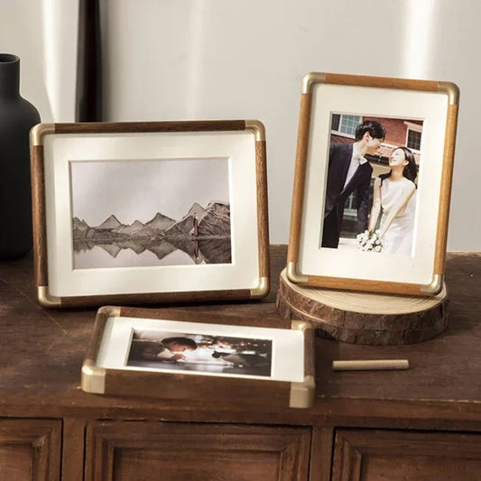 Wooden Photo Frame – Brass Accents – Freestanding – Vintage Home Décor