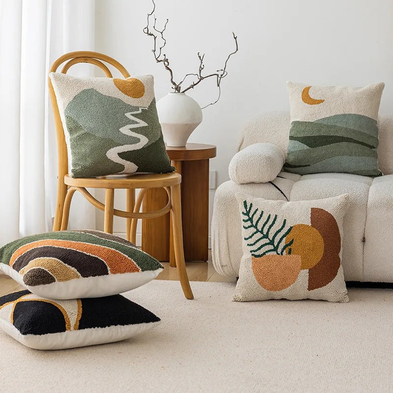 Abstract Tufted Cushion Cover – Velvet – Landscape Design – 45 × 45 cm