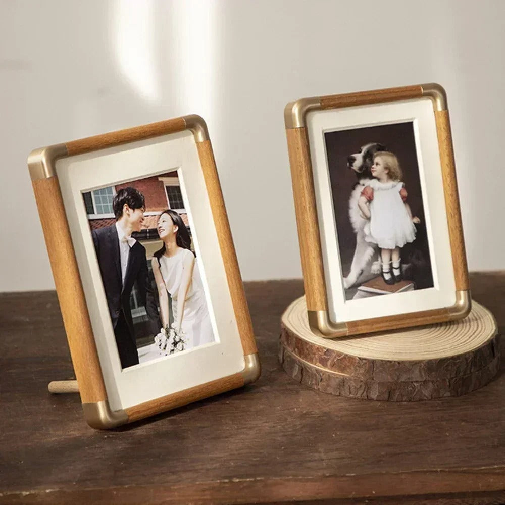 Wooden Photo Frame – Brass Accents – Freestanding – Vintage Home Décor