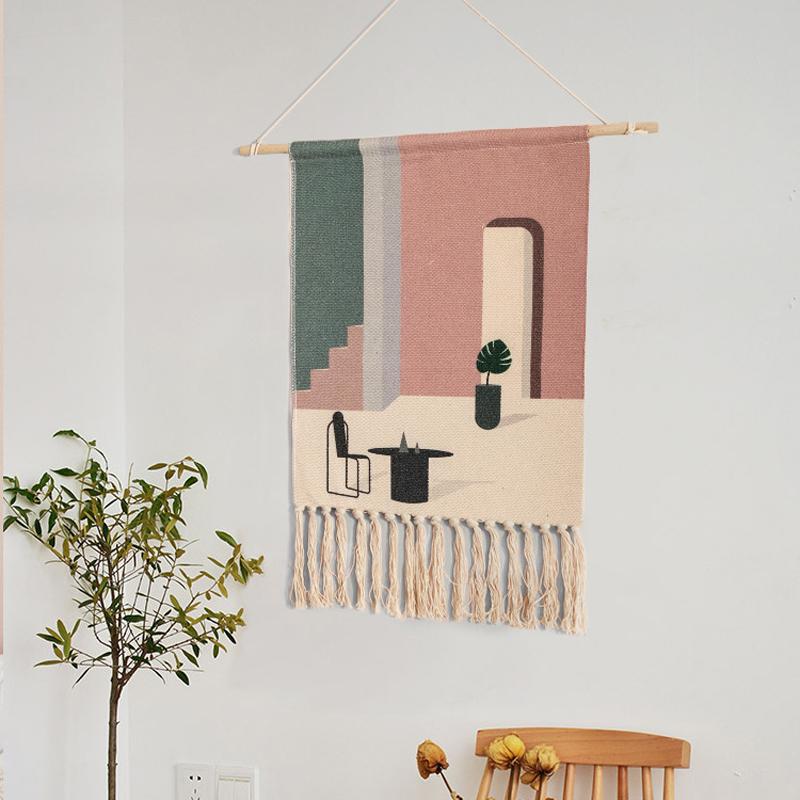 Geometric Wall Tapestry Cotton Wooden Hanging