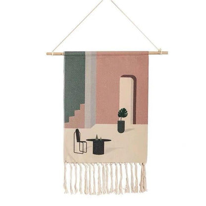Geometric Wall Tapestry Cotton Wooden Hanging