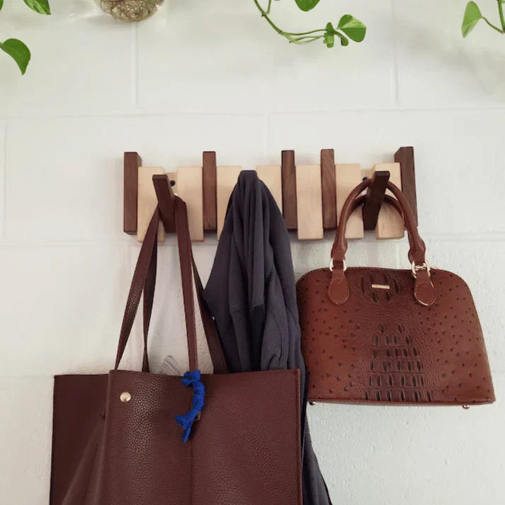 Wooden Wall Coat Rack – Piano Key Design – Multiple Hooks