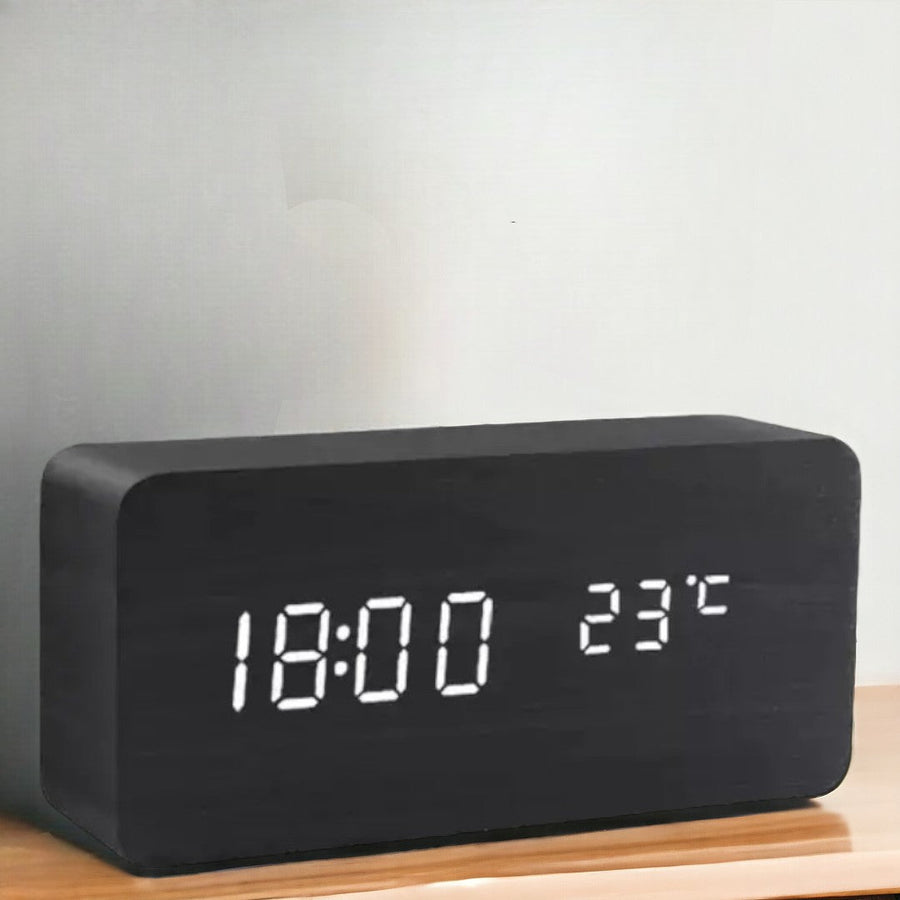 LED Alarm Clock – Voice Control – Temperature Display – Wooden Design
