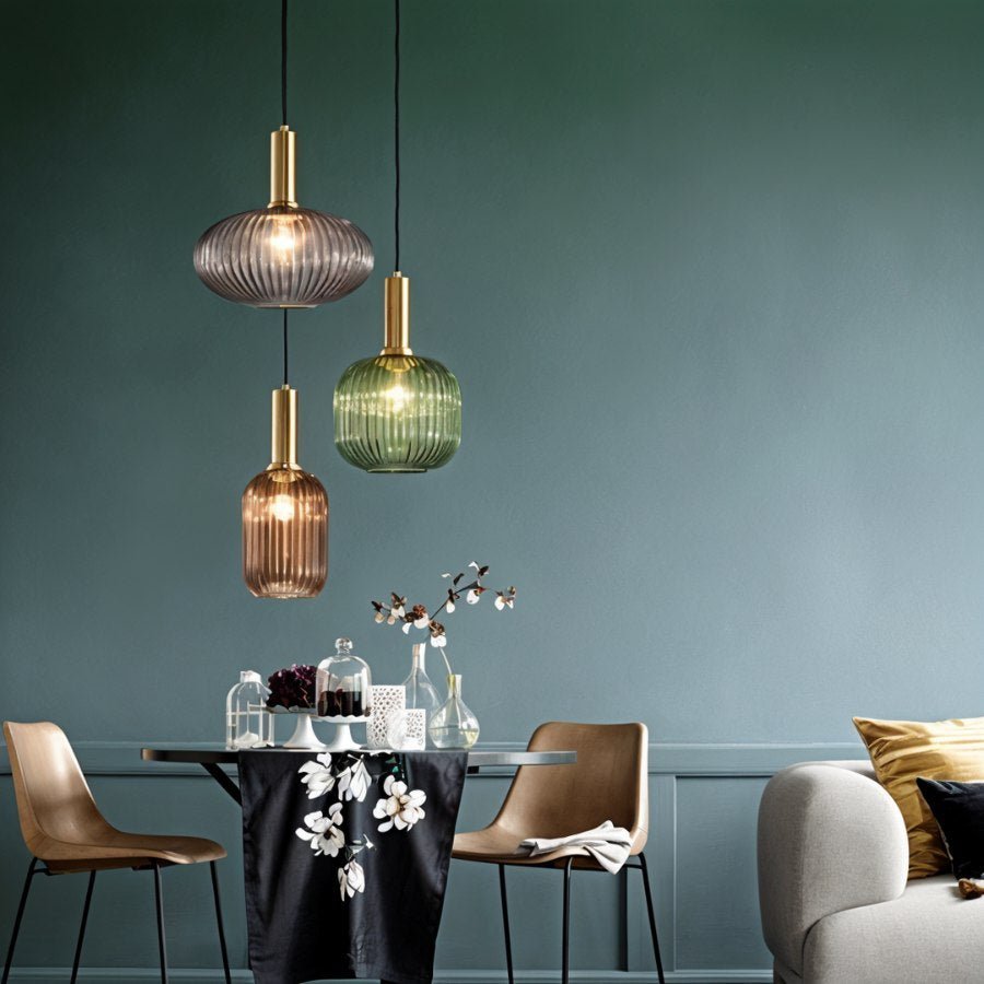Ribbed Glass Pendant Light Brass Finish