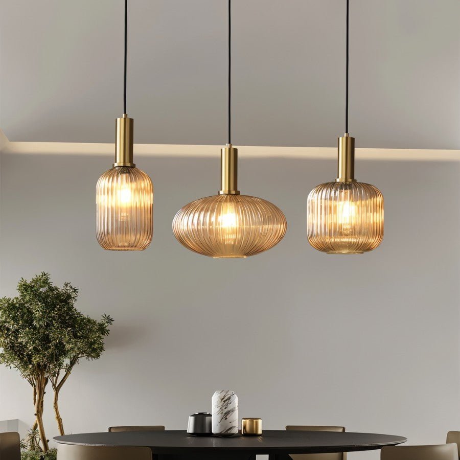 Ribbed Glass Pendant Light Brass Finish
