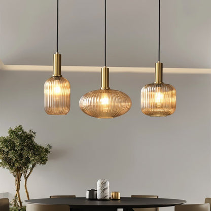 Ribbed Glass Pendant Light Brass Finish