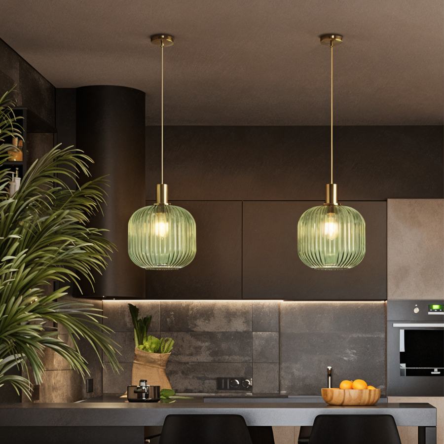Ribbed Glass Pendant Light Brass Finish