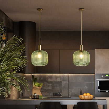 Ribbed Glass Pendant Light Brass Finish