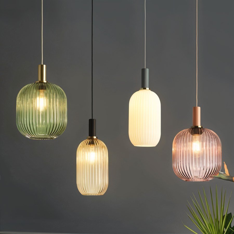 Ribbed Glass Pendant Light Brass Finish