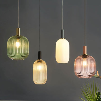 Ribbed Glass Pendant Light Brass Finish