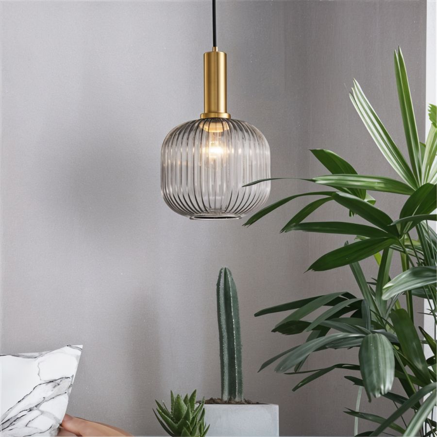 Ribbed Glass Pendant Light Brass Finish