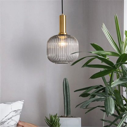 Ribbed Glass Pendant Light Brass Finish