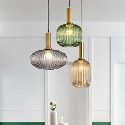 Ribbed Glass Pendant Light Brass Finish