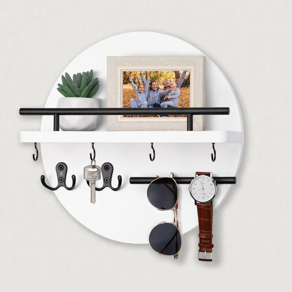 Round Wooden Key Holder – Wall-Mounted – Hooks & Shelf – Entryway Organiser